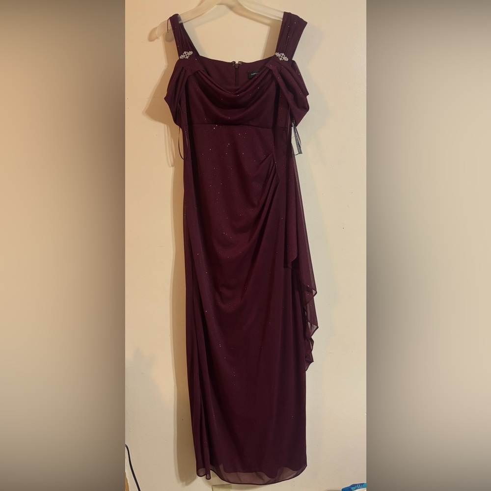 R&M Richards Glittering Wine Off-Shoulder Gown NEW